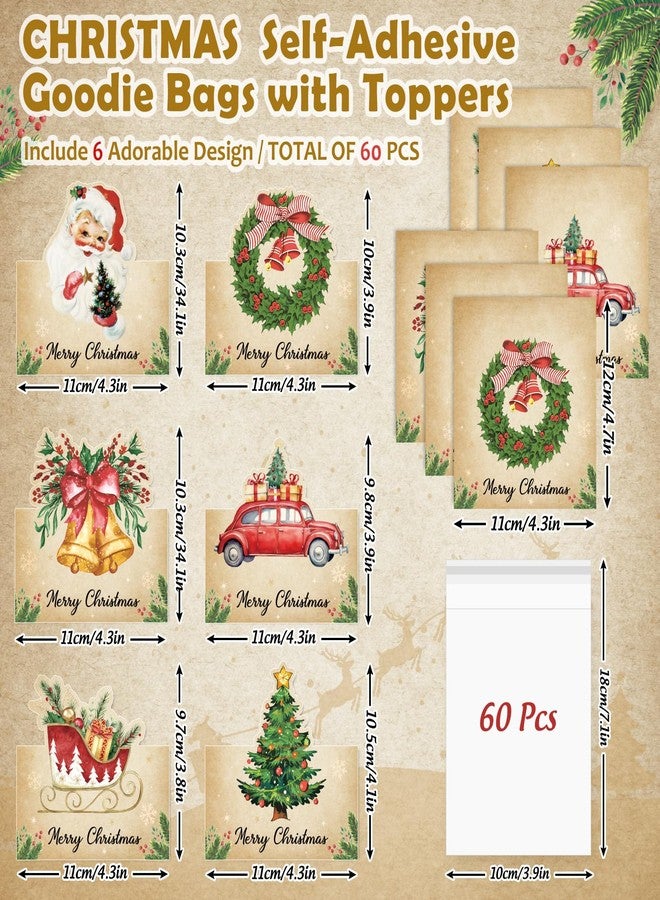 Whaline 60 Set Christmas Vintage Self-Adhesive Goodie Bag with Topper Magic Reindeer Food Candy Cello Bag Merry Christmas Plastic Xmas Favor Treat Bag for Winter Holiday Party Wrapping Baking Food - Image 2